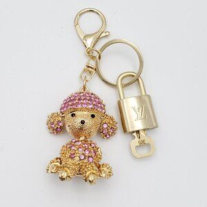 Authentic Louis Vuitton Gold Padlock & Key w/Unbranded Rhinestone Dog Keychain